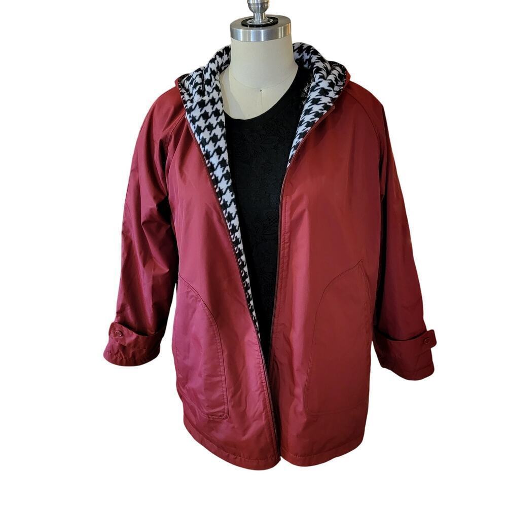 Giorgio Morandi Maroon Burgundy Fleece Reversable Houndstooth Rain Coat L